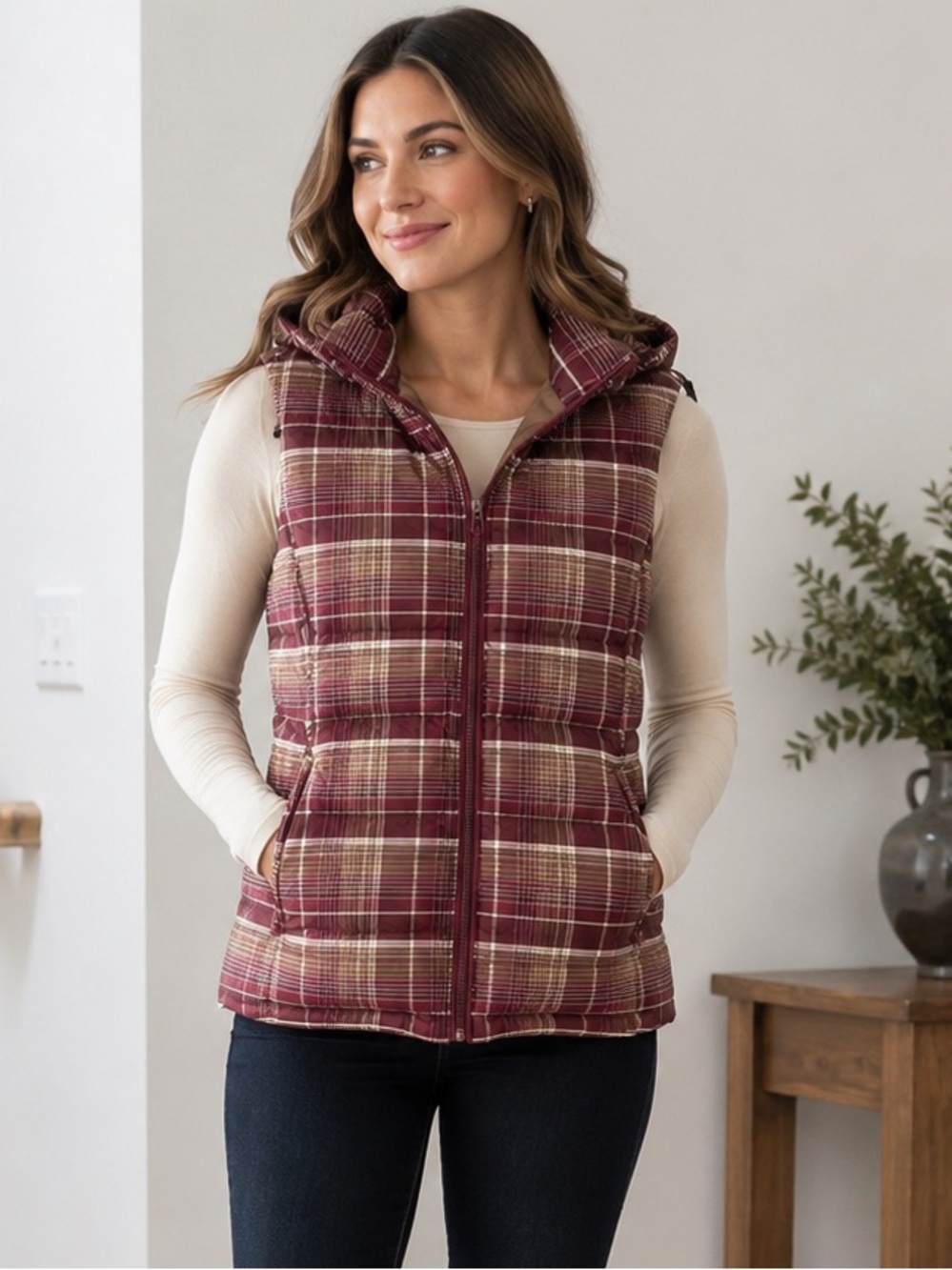 Patagonia Down Hood Plaid Puffer Insulated Goose down Vest Purple Brown Pink XS